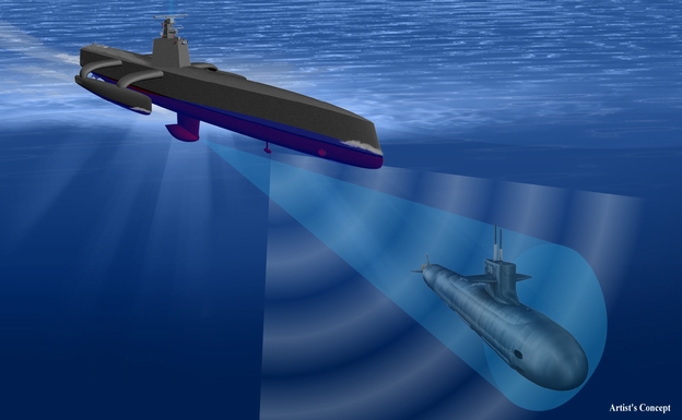 Artist rending of DARPA ACTUV tracking a submarine