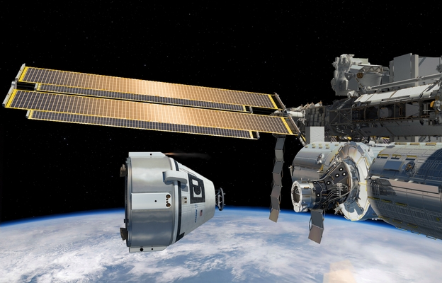 An artist's rendition of a CST-100 docking with the ISS