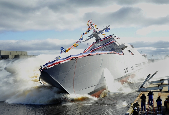 Future USS Detroit sliding off the launching ways