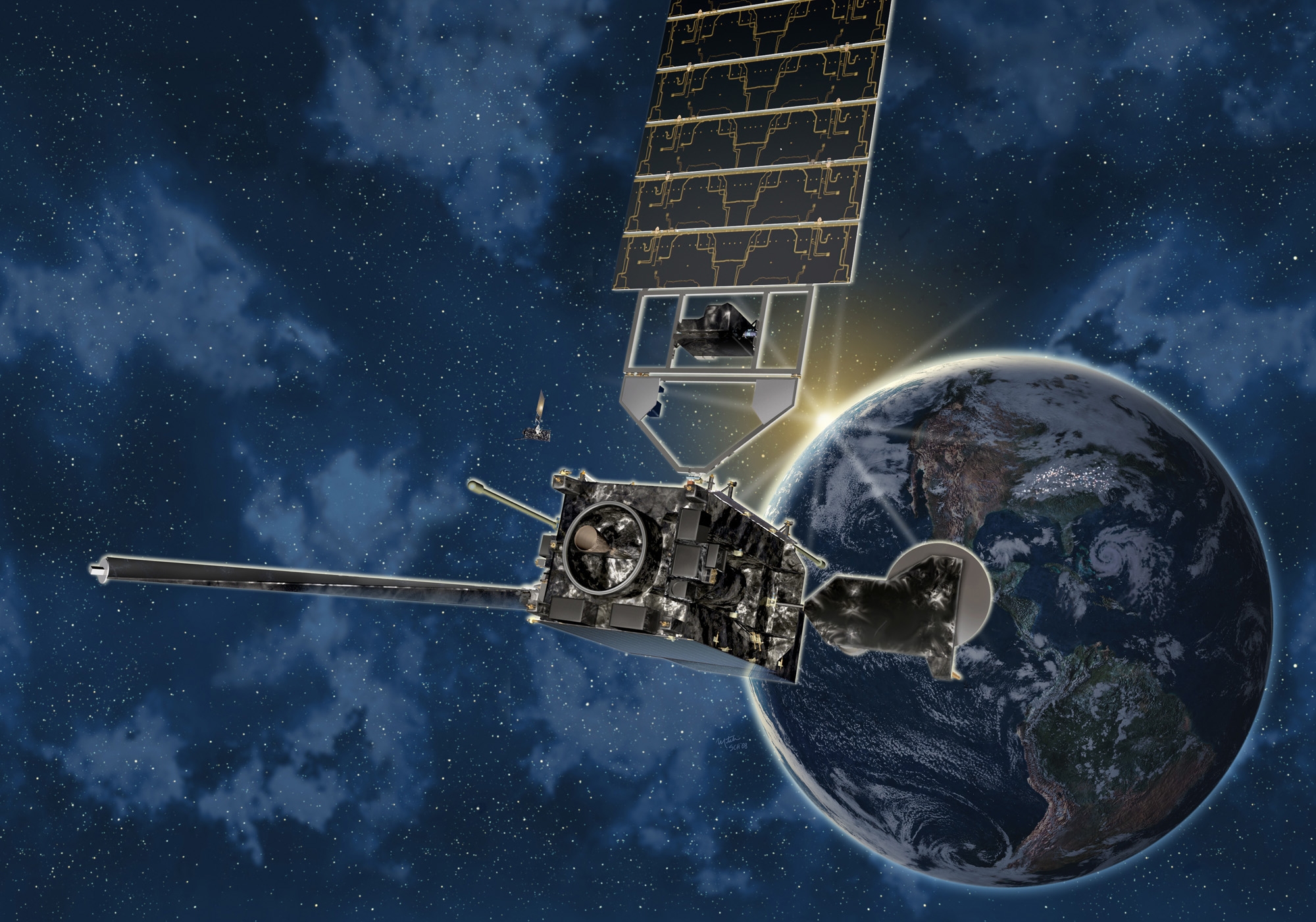 An artist's rendition of a GOES-R in orbit