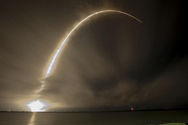 An AsiaSat satellite lifting off on a Falcon 9