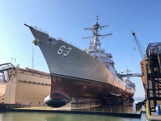 USS Decatur (DDG 73) in dry dock for maintenance.