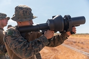 A U.S. Marine operates a C-UAS weapon